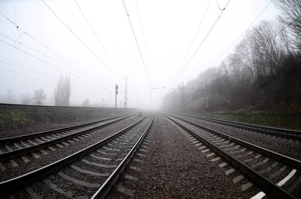 Railway Track Misty Morning Lot Rails Sleepers Misty Horizon Fisheye — Stock Photo, Image