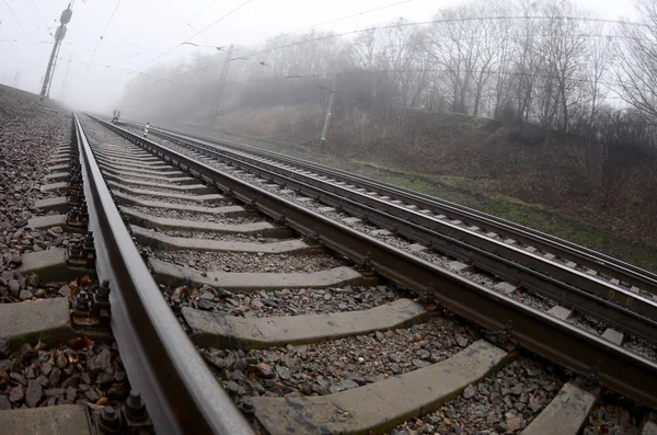 Railway Track Misty Morning Lot Rails Sleepers Misty Horizon Fisheye — Stock Photo, Image