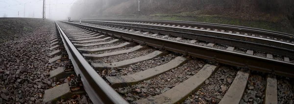 Railway Track Misty Morning Lot Rails Sleepers Misty Horizon Fisheye — Stock Photo, Image