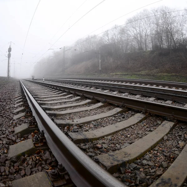 Railway Track Misty Morning Lot Rails Sleepers Misty Horizon Fisheye — Stock Photo, Image