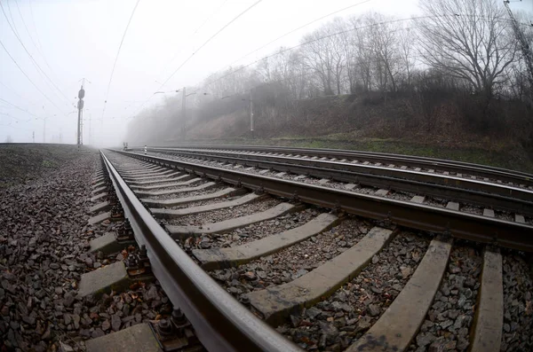 Railway Track Misty Morning Lot Rails Sleepers Misty Horizon Fisheye — Stock Photo, Image