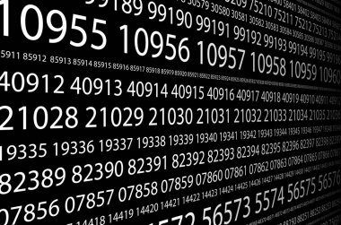 Arka arkaya beş basamaklı beyaz sayılar perspektif içinde siyah bir zemin üzerine farklı boyutlarda bir dizi arka plan görüntüsü. Şifreler çatlama için kaba kuvvet kavramı