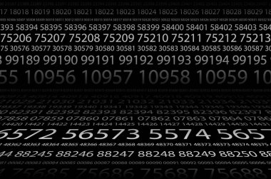 Siyah beyaz beş basamaklı sayılar farklı boyutlarda satır kümesi uzaydan arka plan görüntüsü. Şifreler çatlama için kaba kuvvet kavramı