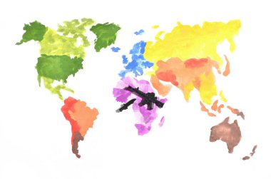 Dünya Haritası üzerinde beyaz kağıt bir siyah oyuncak tabanca ve bıçakla katılımı ile renkli sulu boya boya ile yapılır. Afrika'daki askeri operasyon kavramı