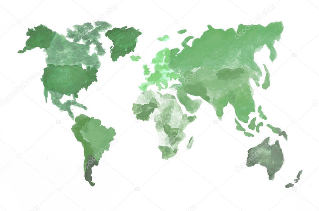 The world map is made with camouflage watercolor paints on white paper. All the world's continents are depicted in green colors