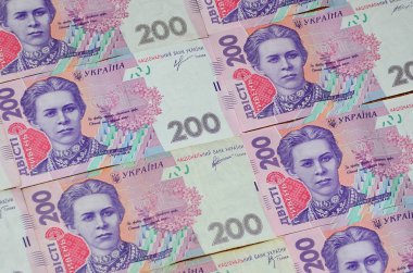 Bir close-up desenle 200 hryvnia par değeri birçok Ukrayna para birimi banknotlar. Arka plan resmi iş Ukrayna