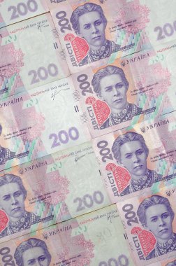 Bir close-up desenle 200 hryvnia par değeri birçok Ukrayna para birimi banknotlar. Arka plan resmi iş Ukrayna