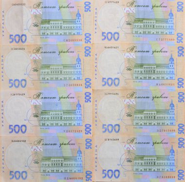 Bir close-up desenle 500 hryvnia par değeri birçok Ukrayna para birimi banknotlar. Arka plan resmi iş Ukrayna