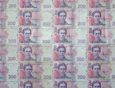 Bir close-up desenle 200 hryvnia par değeri birçok Ukrayna para birimi banknotlar. Arka plan resmi iş Ukrayna