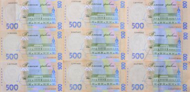 Bir close-up desenle 500 hryvnia par değeri birçok Ukrayna para birimi banknotlar. Arka plan resmi iş Ukrayna