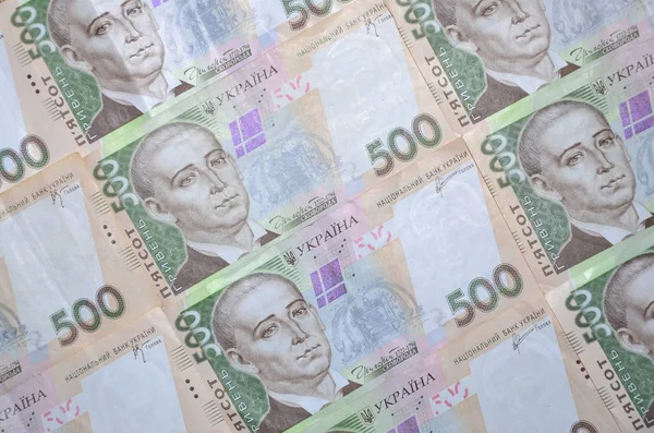 Primer Plano Patrón Muchos Billetes Moneda Ucraniana Con Valor Nominal — Foto de Stock