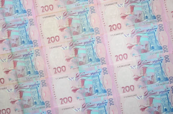 Макро Візерунком Багатьох Українських Валюти Банкноти Номіналом 200 Гривень Фонове — стокове фото