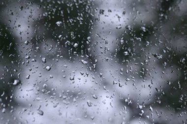 Çiçek açması yeşil ağaçların bulanık manzaralı pencere camına bir fotoğraf yağmur bırakır. Soyut resim bulutlu ve yağmurlu hava koşulları gösterilen