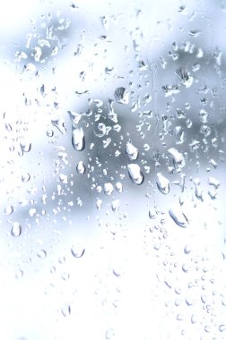 Çiçek açması yeşil ağaçların bulanık manzaralı pencere camına bir fotoğraf yağmur bırakır. Soyut resim bulutlu ve yağmurlu hava koşulları gösterilen