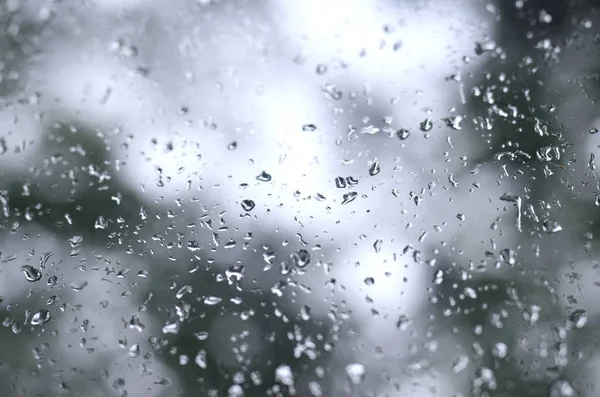 Çiçek açması yeşil ağaçların bulanık manzaralı pencere camına bir fotoğraf yağmur bırakır. Soyut resim bulutlu ve yağmurlu hava koşulları gösterilen