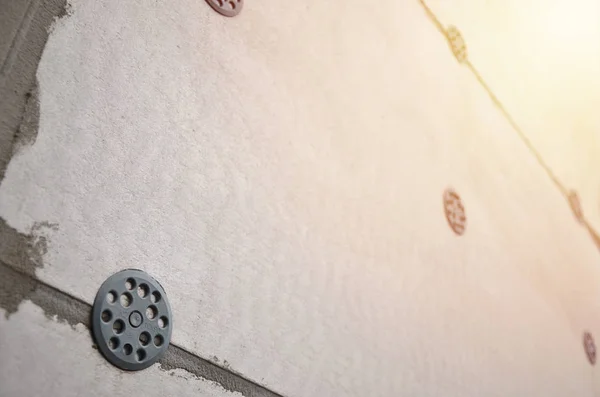 Textura Pared Cubierta Con Placas Poliestireno Espuma Gris Que Están — Foto de Stock