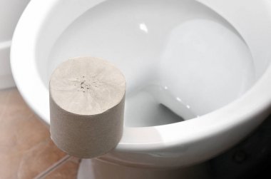 Bir beyaz seramik klozet banyo üzerinde rulo gri tuvalet kağıdı yatıyor