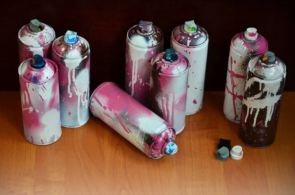 Still Life Large Number Used Colorful Spray Cans Aerosol Paint — Stock Photo, Image