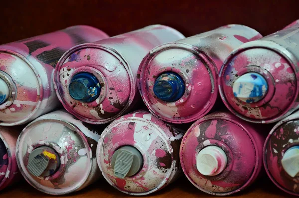 Still Life Large Number Used Colorful Spray Cans Aerosol Paint — Stock Photo, Image