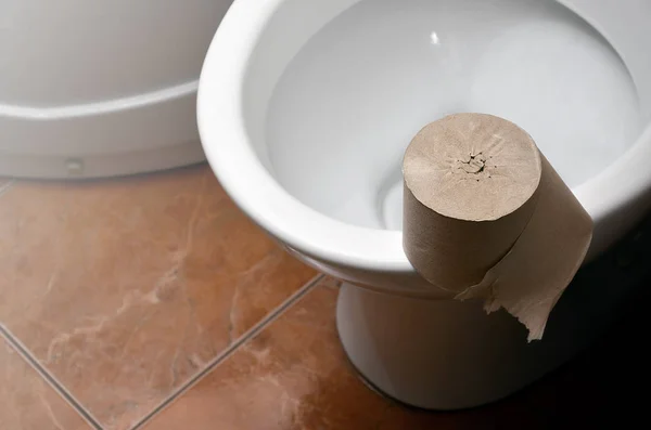 一卷灰色卫生纸躺在浴室的白色陶瓷马桶上 — 图库照片