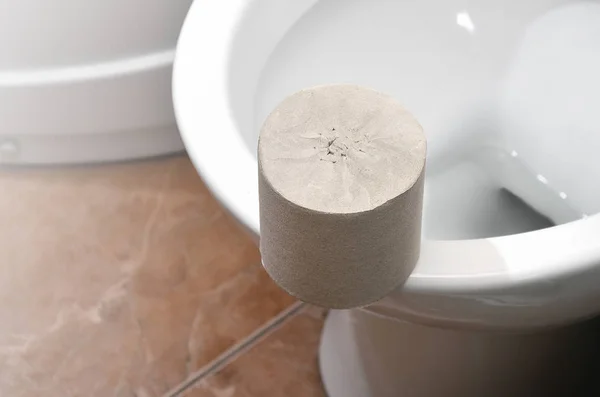 Rouleau Papier Toilette Gris Trouve Sur Une Toilette Céramique Blanche — Photo