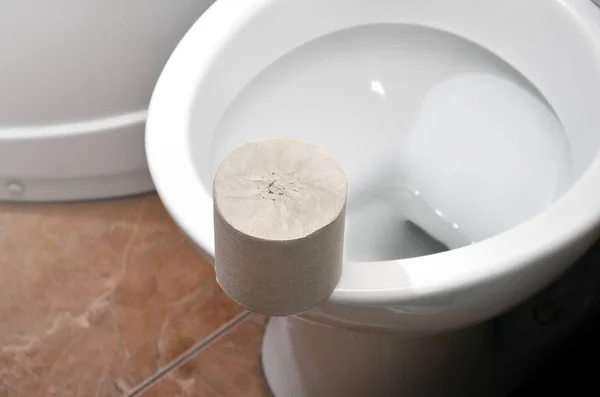 Roll Gray Toilet Paper Lies White Ceramic Toilet Bathroom — Stock Photo, Image