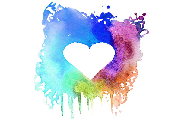 Background image of abstract watercolor spots forming a random shape of different colors with space for text in the form of a heart