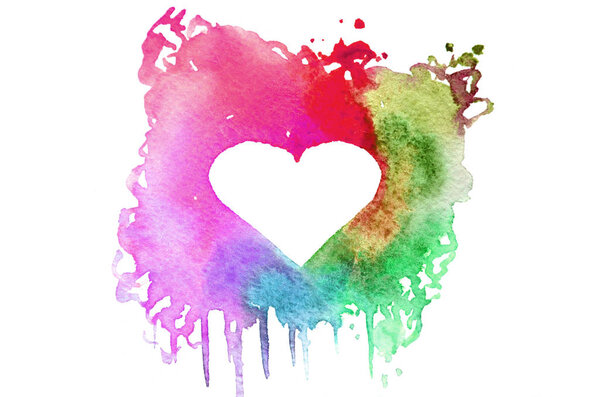 Background image of abstract watercolor spots forming a random shape of different colors with space for text in the form of a heart