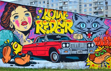 Grafiti çizim ayrıntılı bir görüntü. Çizgi film karakterleri, retro bir kız, bir kötü kedi namlu, harf grafiti, sıcak köpek, zar ve kırmızı lowrider araba ile kavramsal street sanat arka plan