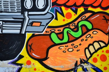 Grafiti çizim ayrıntılı bir görüntü. Sosisli sandviç ile bir kavramsal sokak sanatı arka plan