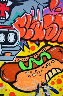 Grafiti çizim ayrıntılı bir görüntü. Sosisli sandviç ile bir kavramsal sokak sanatı arka plan