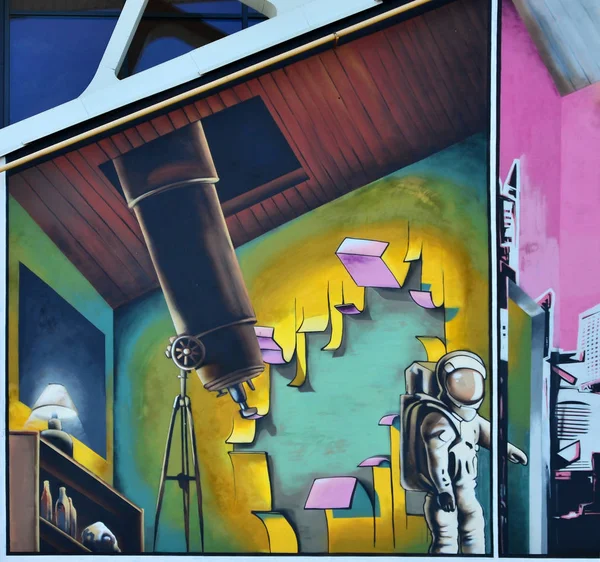 Szczegółowy Obraz Rysunek Graffiti Kolor Sztuka Ulicy Tło Malowane Kosmonauta — Zdjęcie stockowe