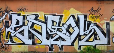 Ayrıntılı duvar sanat fotoğrafı. Grafiti çizim siyah anahatları ile beyaz boya ile yapılmış ve tek sesli turuncu arka plan vardır. Doku duvar grafiti dekorasyonu ile