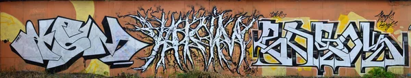 Ein Foto Mehrerer Graffiti Kunstwerke Der Metallwand Graffiti Zeichnungen Bestehen — Stockfoto