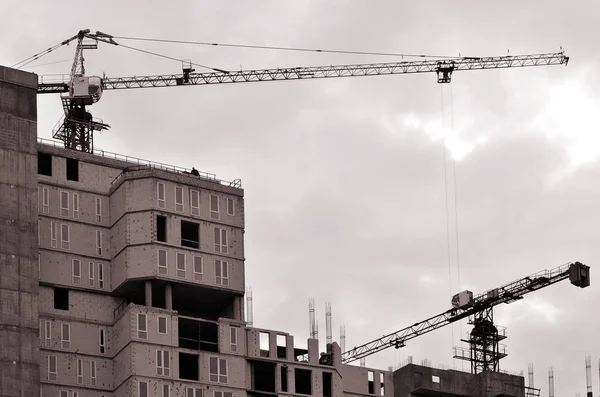 Trabajando Grúas Altas Dentro Lugar Para Con Edificios Altos Construcción —  Fotos de Stock