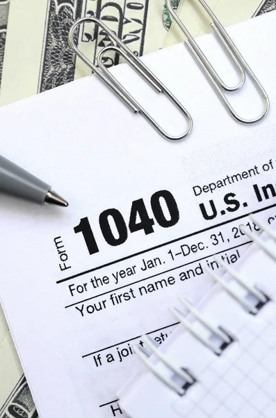 Pen Notebook Dollar Bills Lies Tax Form 1040 Individual Income — Stock Photo, Image