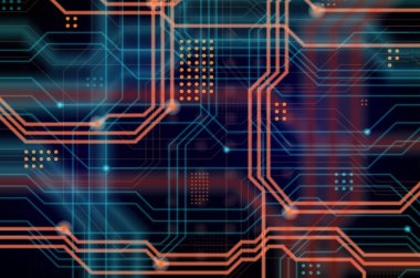 Aydınlık rehberlik çok sayıda oluşan bir teknolojik arka plan hatları ve fiziksel anakart bir tür oluşturan noktalar. Turuncu ve mavi renk