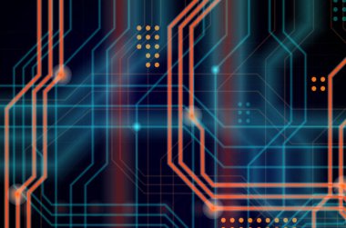 Aydınlık rehberlik çok sayıda oluşan bir teknolojik arka plan hatları ve fiziksel anakart bir tür oluşturan noktalar. Turuncu ve mavi renk