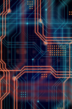 Aydınlık rehberlik çok sayıda oluşan bir teknolojik arka plan hatları ve fiziksel anakart bir tür oluşturan noktalar. Turuncu ve mavi renk