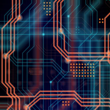 Aydınlık rehberlik çok sayıda oluşan bir teknolojik arka plan hatları ve fiziksel anakart bir tür oluşturan noktalar. Turuncu ve mavi renk