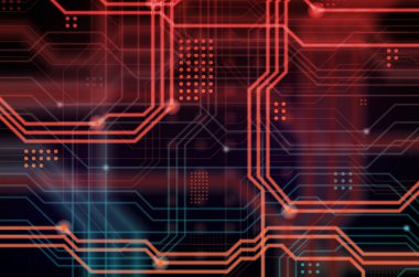 Aydınlık rehberlik çok sayıda oluşan bir teknolojik arka plan hatları ve fiziksel anakart bir tür oluşturan noktalar. Kırmızı ve mavi renk