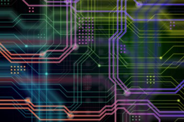 Aydınlık rehberlik çok sayıda oluşan bir teknolojik arka plan hatları ve fiziksel anakart bir tür oluşturan noktalar. Yeşil, mavi, kırmızı, turuncu ve sarı renkler