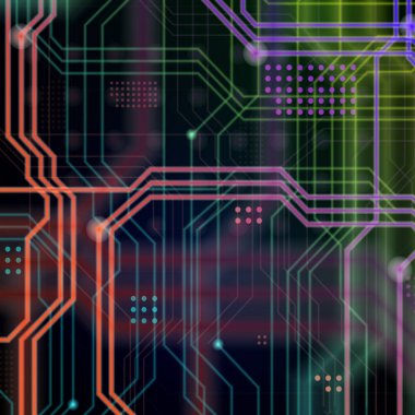 Aydınlık rehberlik çok sayıda oluşan bir teknolojik arka plan hatları ve fiziksel anakart bir tür oluşturan noktalar. Yeşil, mavi, kırmızı, turuncu ve sarı renkler