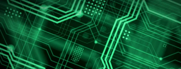 An abstract technological background consisting of a multitude of luminous guiding lines and dots forming a kind of physical motherboard. Green color