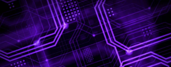 An abstract technological background consisting of a multitude of luminous guiding lines and dots forming a kind of physical motherboard. Violet color