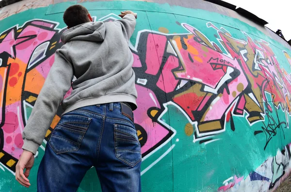 Jeune Homme Avec Sweat Capuche Gris Peint Des Graffitis Couleurs — Photo