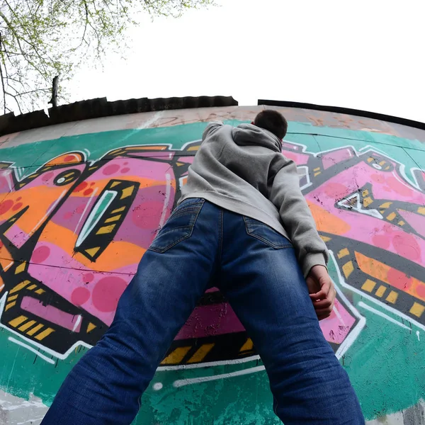 Jeune Homme Avec Sweat Capuche Gris Peint Des Graffitis Couleurs — Photo