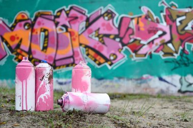 Güzel grafiti resmi bulunan bir rahiplik pembe ve yeşil renkleri ile duvarın yanında yere birkaç kullanılan boya... kutularını yalan. Sokak sanatı kavramı