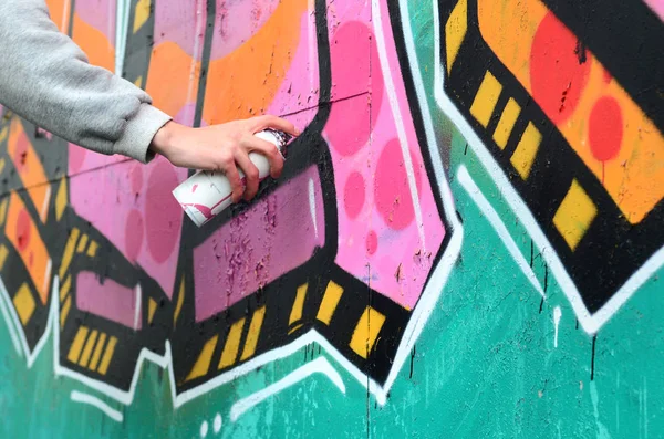 Hand Young Guy Gray Hoodie Paints Graffiti Pink Green Colors — Stock Photo, Image
