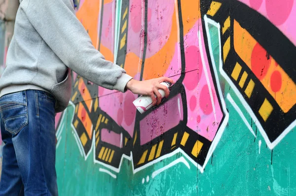 Hand Young Guy Gray Hoodie Paints Graffiti Pink Green Colors — Stock Photo, Image